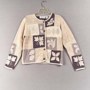 Orvis Cardigan Sweater Womens M Beige Brown Leaf Print Cotton Ramie Button Front
